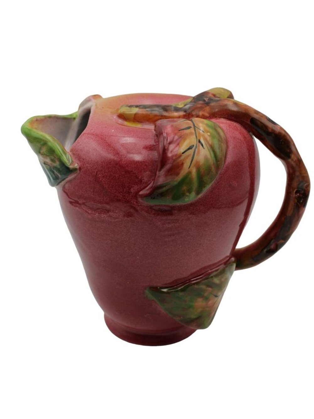 Italy Italian Ceramic Pitcher Red Apple Shaped Leaf Spout Vine Handle Handmade